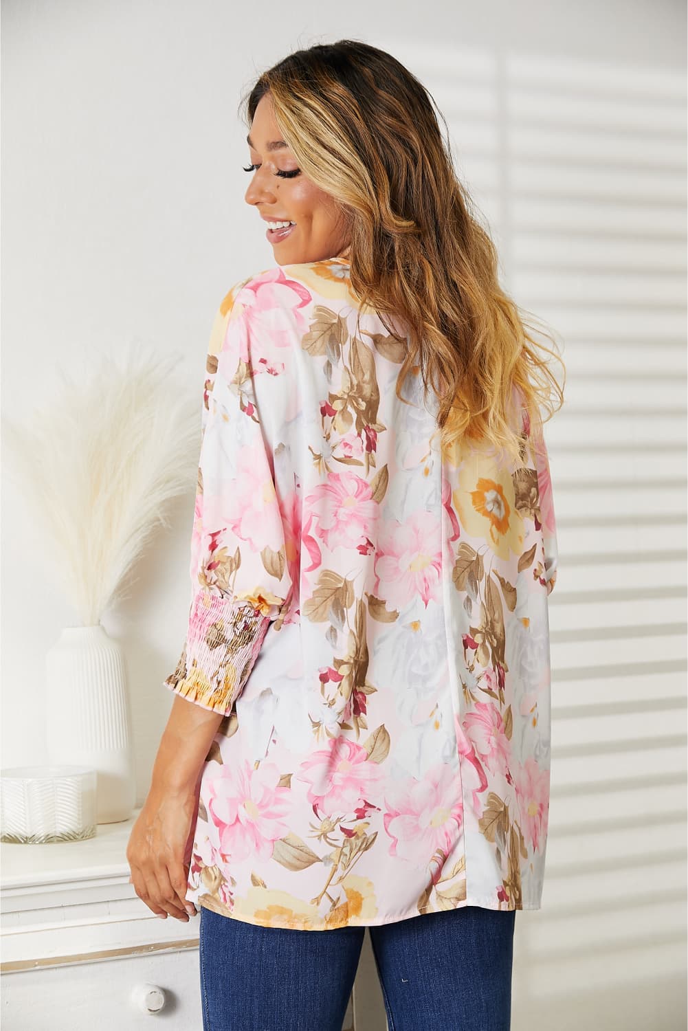 Double Take Floral Round Neck Three-Quarter Sleeve Top - Tigbuls Variety Fashion