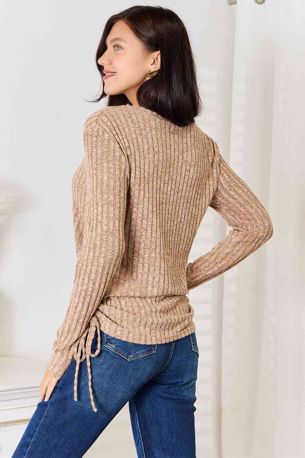 Double Take Drawstring Ribbed Long Sleeve T-Shirt - Tigbuls Variety Fashion