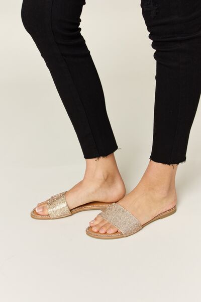 Rose Gold Rhinestone Open Toe Flat Sandals - Tigbul's Variety Fashion Shop