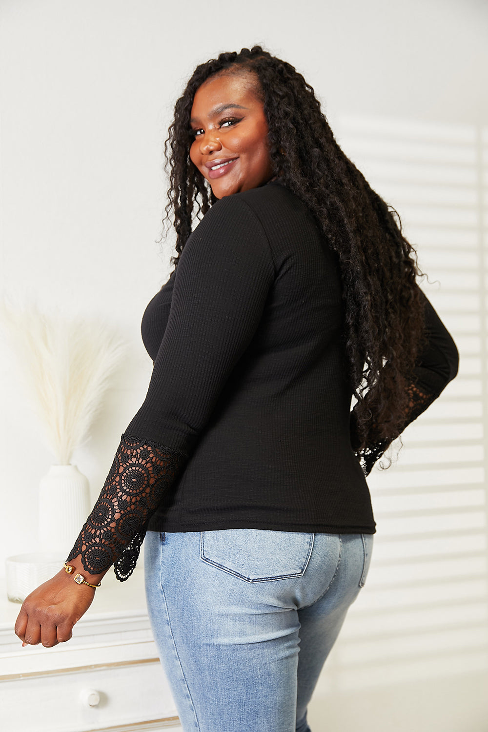 Double Take Crochet Lace Hem Sleeve Button Top - Tigbuls Variety Fashion