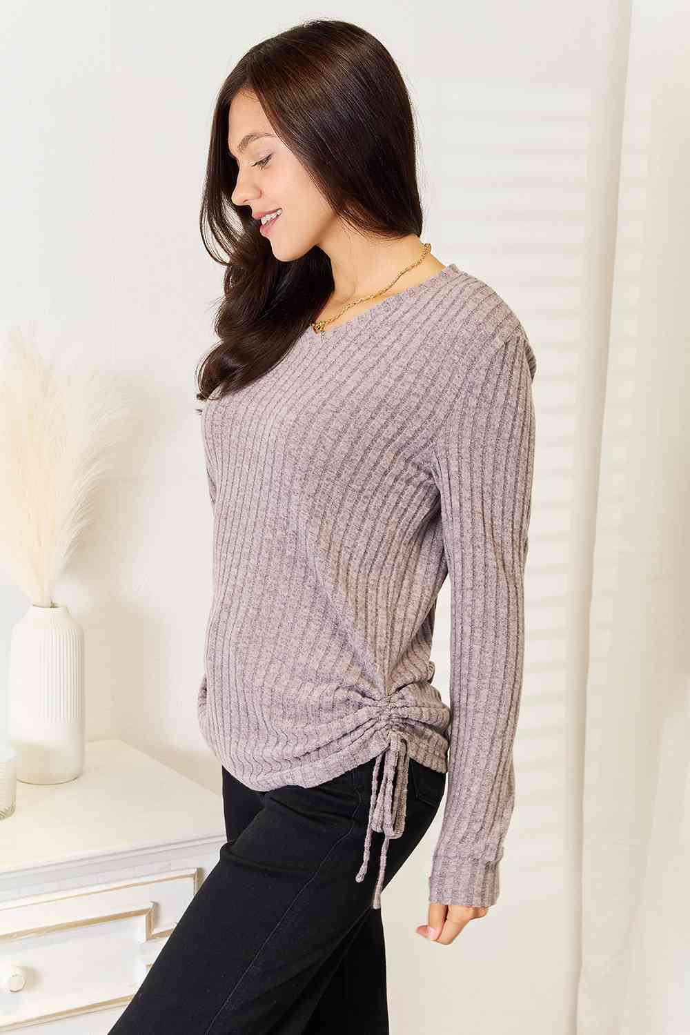 Double Take Drawstring Ribbed Long Sleeve T-Shirt - Tigbuls Variety Fashion