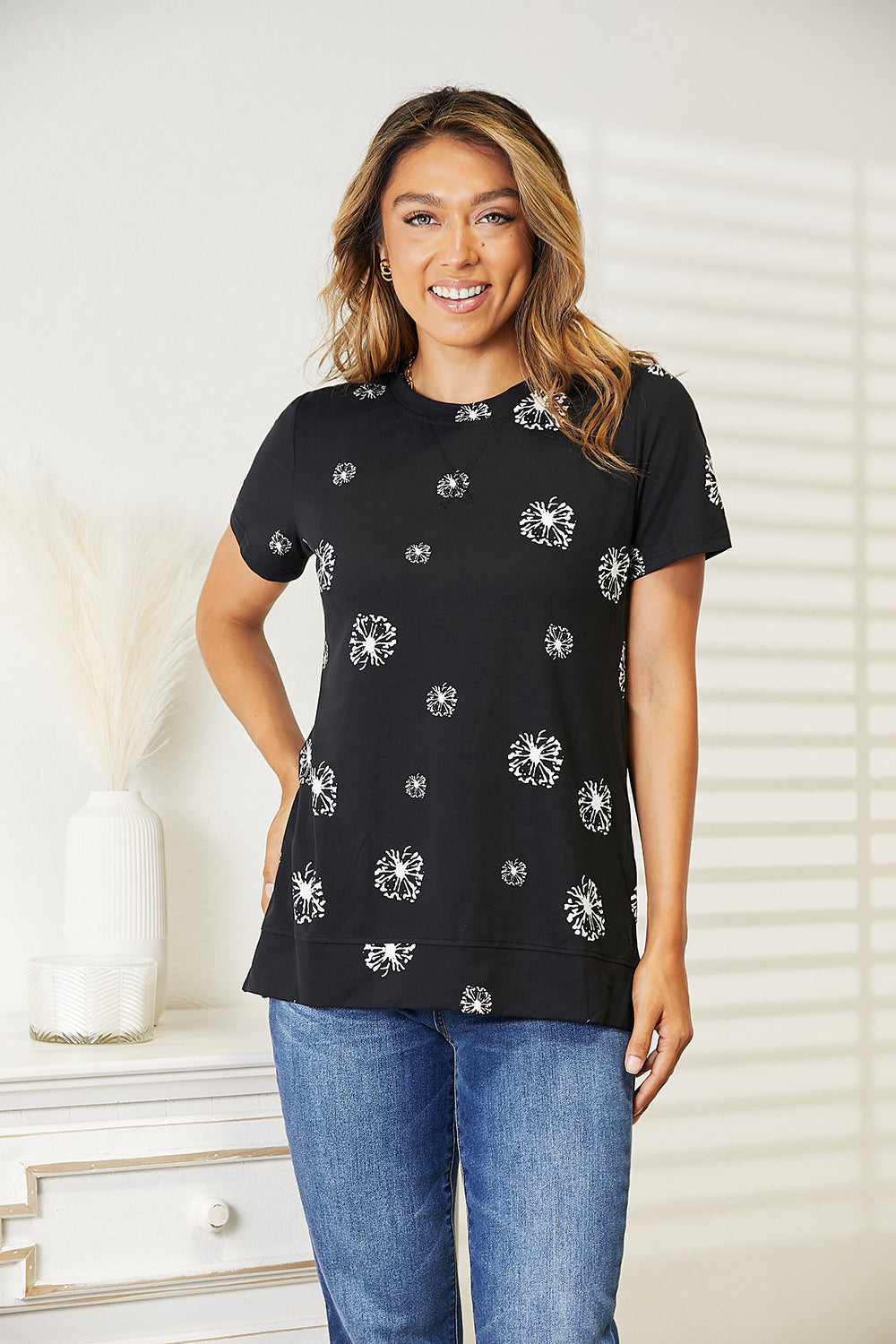 Double Take Dandelion Print Round Neck T-Shirt - Tigbuls Variety Fashion