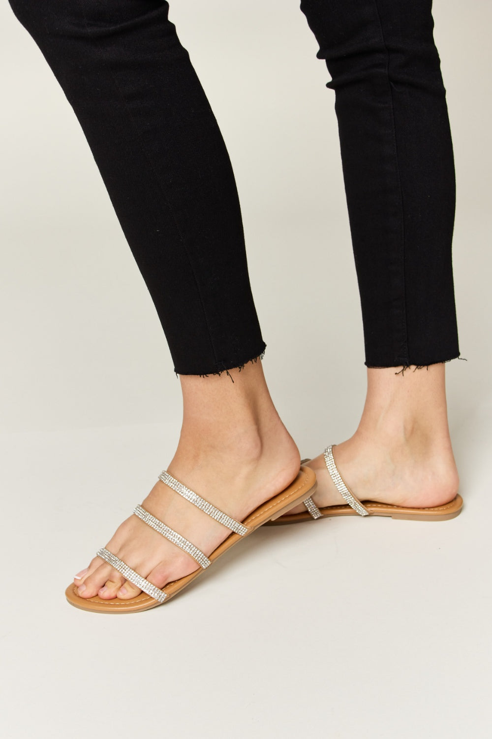 Tan Rhinestone Three-Strap Flat Sandals - Tigbul's Variety Fashion Shop