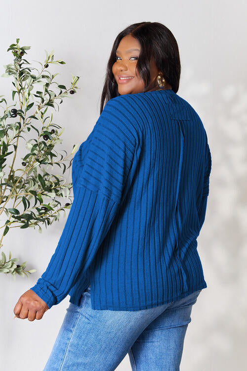 Ribbed Round Neck Long Sleeve T-Shirt - Tigbuls Variety Fashion