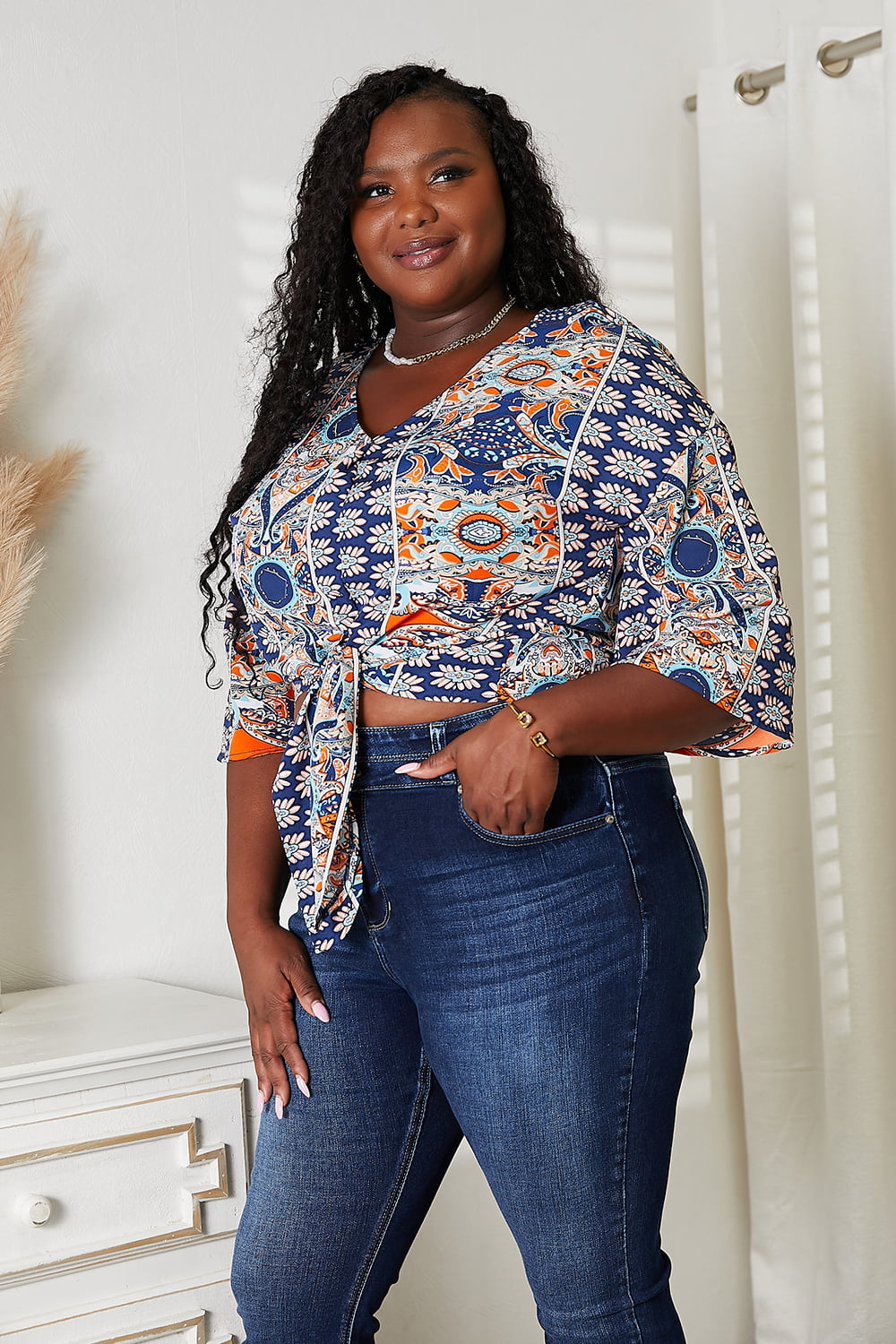 Double Take Tie Hem V-Neck Three-Quarter Sleeve Blouse - Tigbuls Fashion