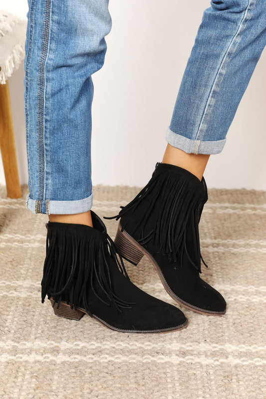 Women's Black Fringe Cowboy Western Ankle Boots | Tigbuls