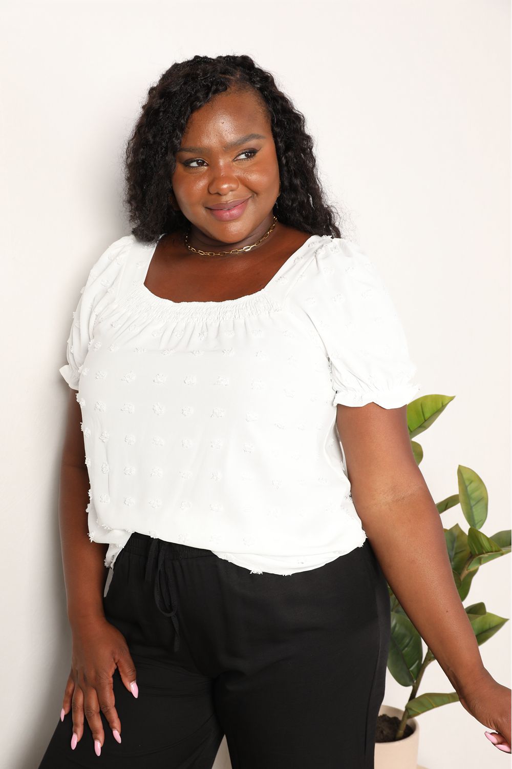 Double Take Swiss Dot Puff Sleeve Square Neck Blouse - Tigbuls Fashion