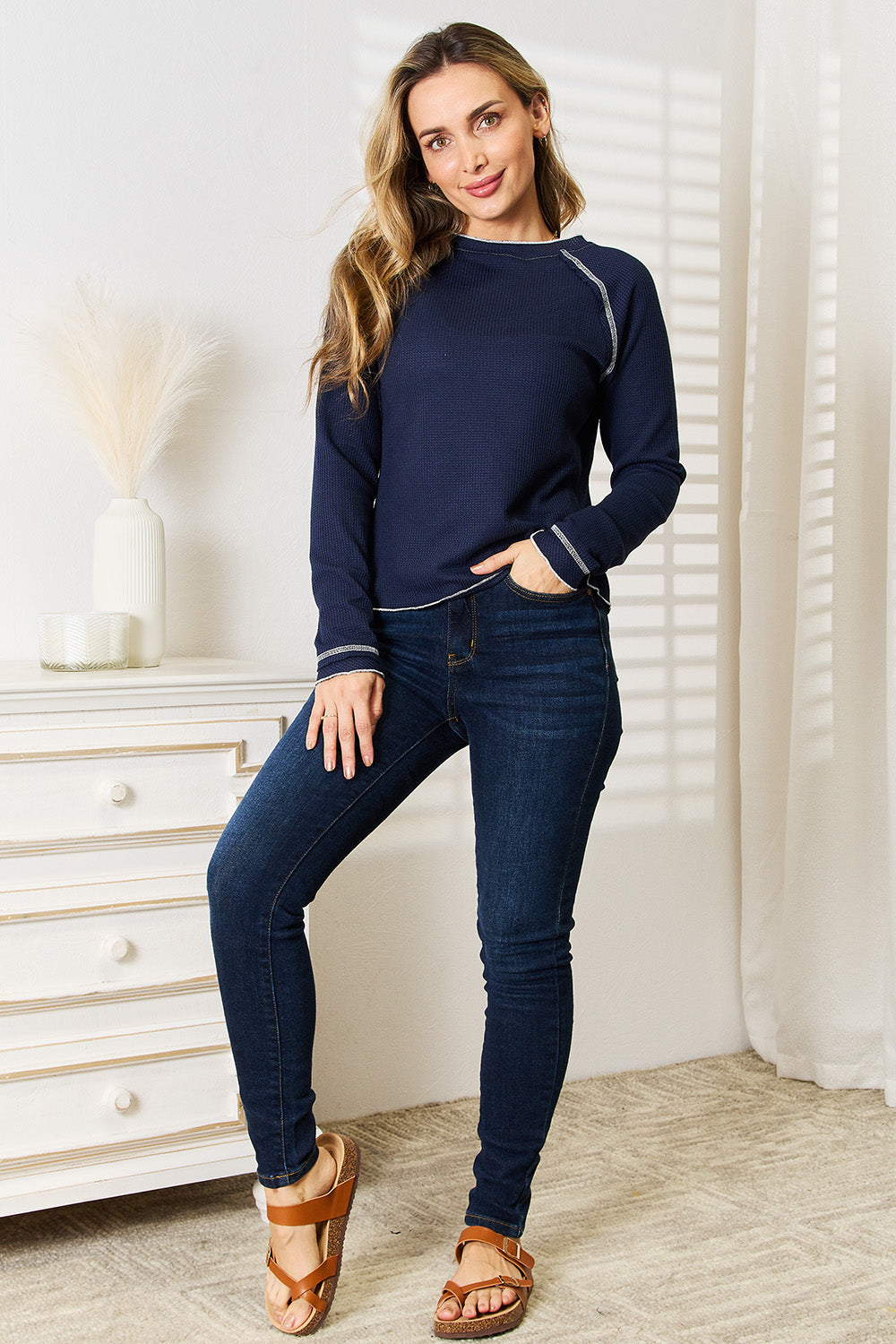 Double Take Long Raglan Sleeve Round Neck Top - Tigbuls Variety Fashion