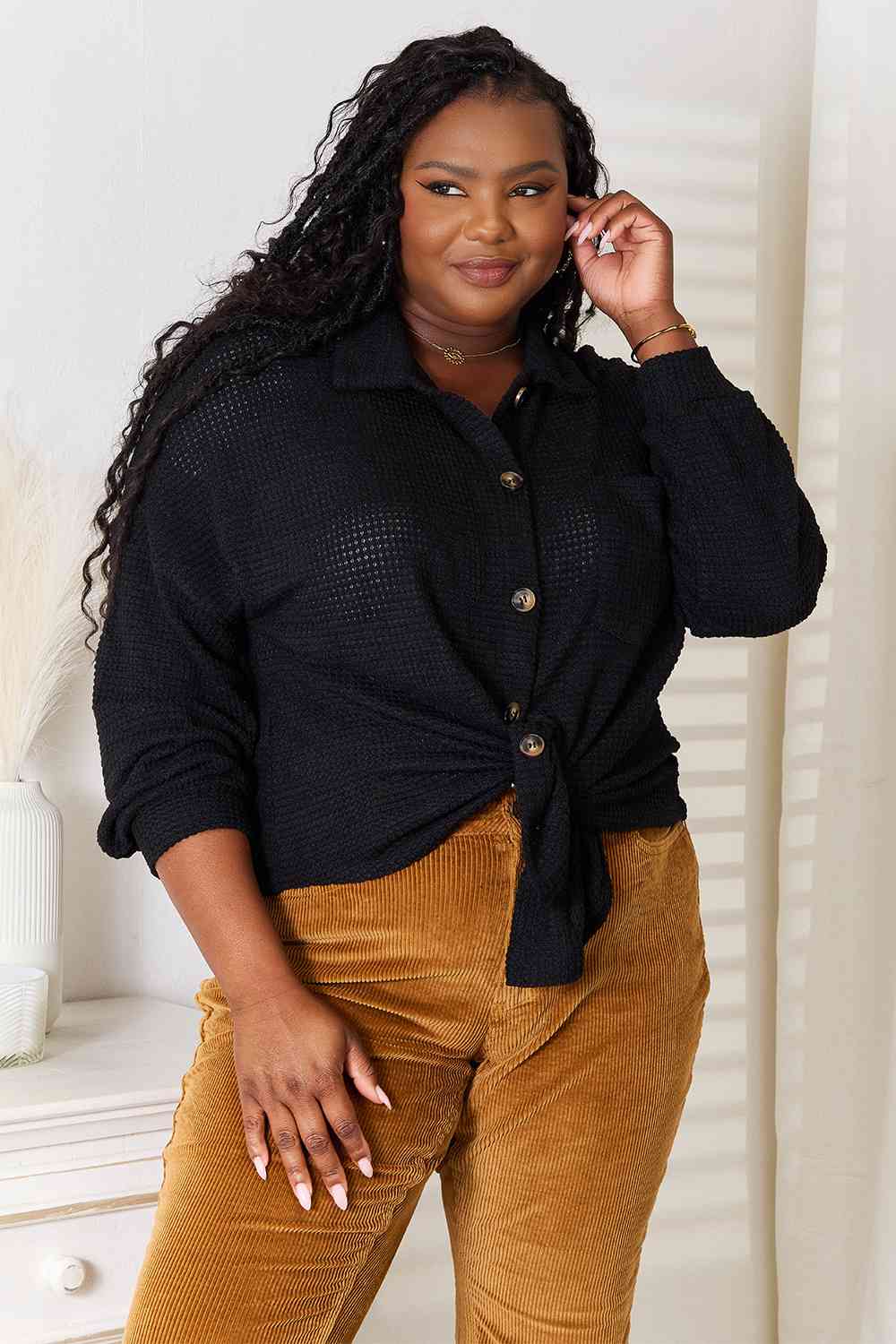 Double Take Waffle-Knit Collared Neck Dropped Shoulder Shirt - Tigbuls Variety Fashion