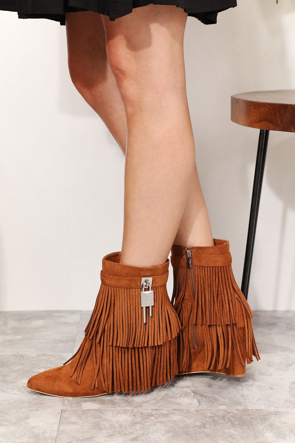 Tassel Wedge Heel Ankle Booties - Tigbuls Variety Fashion