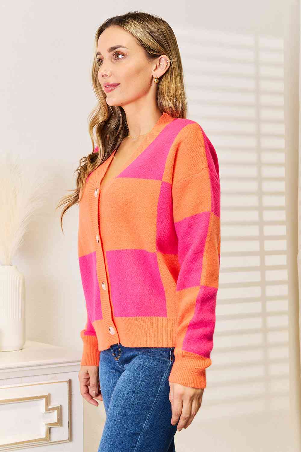 Checkered V-Neck Dropped Shoulder Cardigan - Tigbuls Variety Fashion