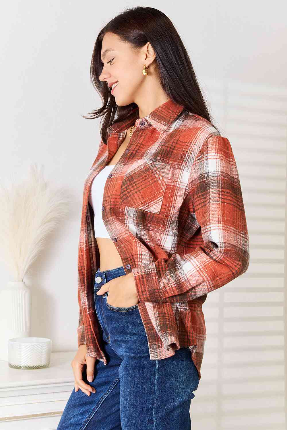Double Take Plaid Collared Neck Long Sleeve Shirt - Tigbuls Variety Fashion