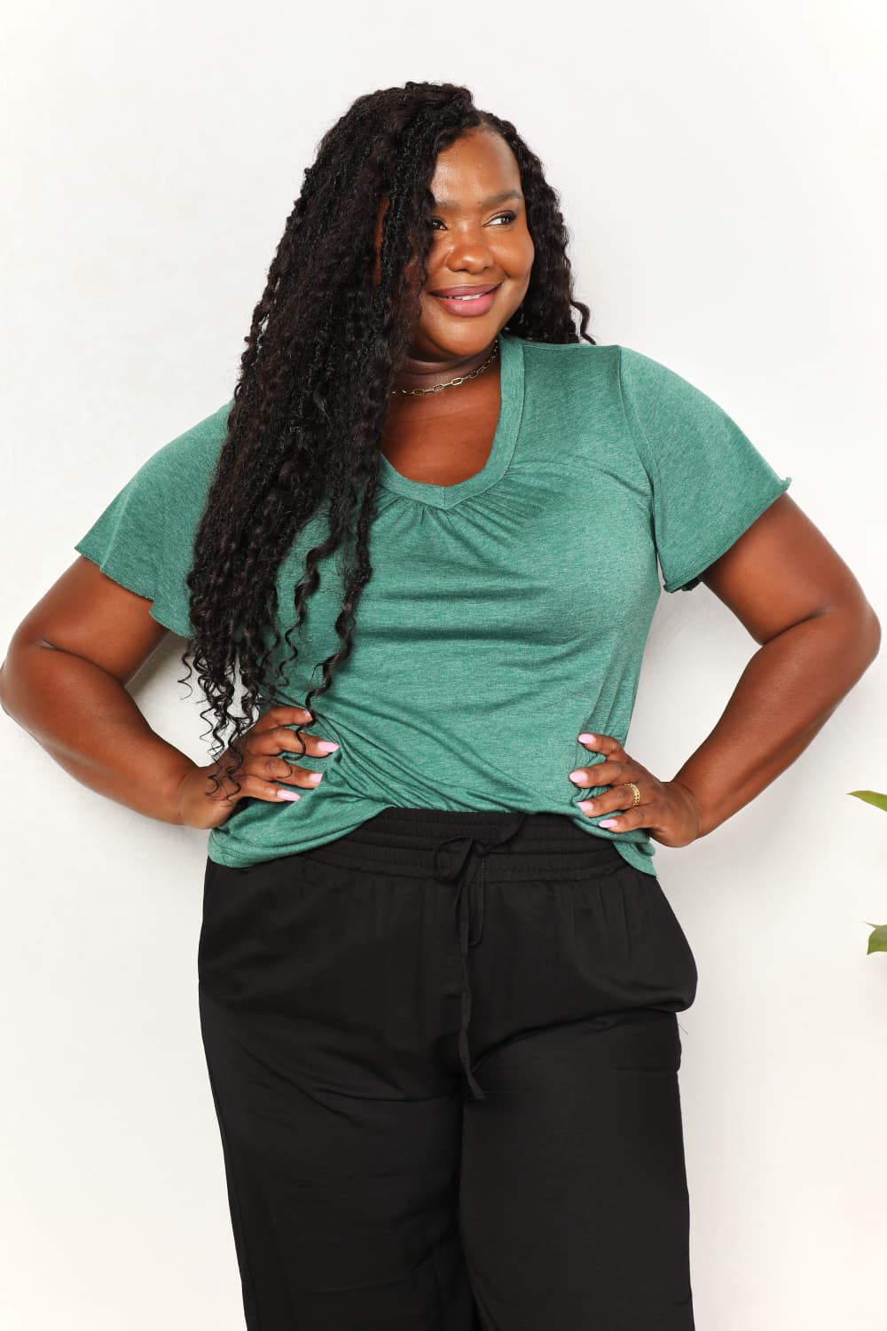 Double Take Ruched V-Neck Short Sleeve T-Shirt - Tigbuls Variety Fashion