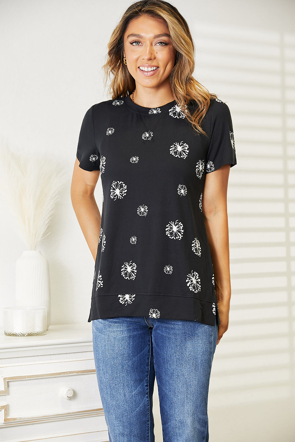 Double Take Dandelion Print Round Neck T-Shirt - Tigbuls Variety Fashion