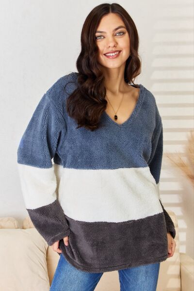 Culture Code Faux Fur Color Block V-Neck Sweater - Tigbuls Variety Fashion