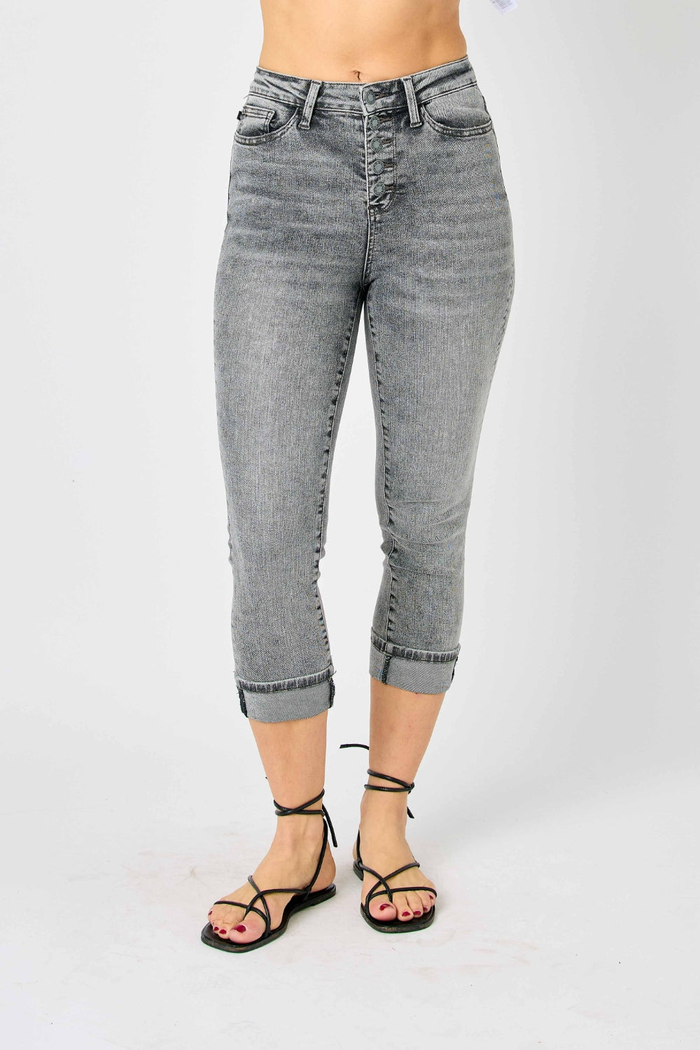 Judy Blue Full Run Size Button Fly High Waist Cuffed Capris - Tigbul's Variety Fashion Shop