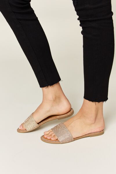 Rose Gold Rhinestone Open Toe Flat Sandals - Tigbul's Variety Fashion Shop