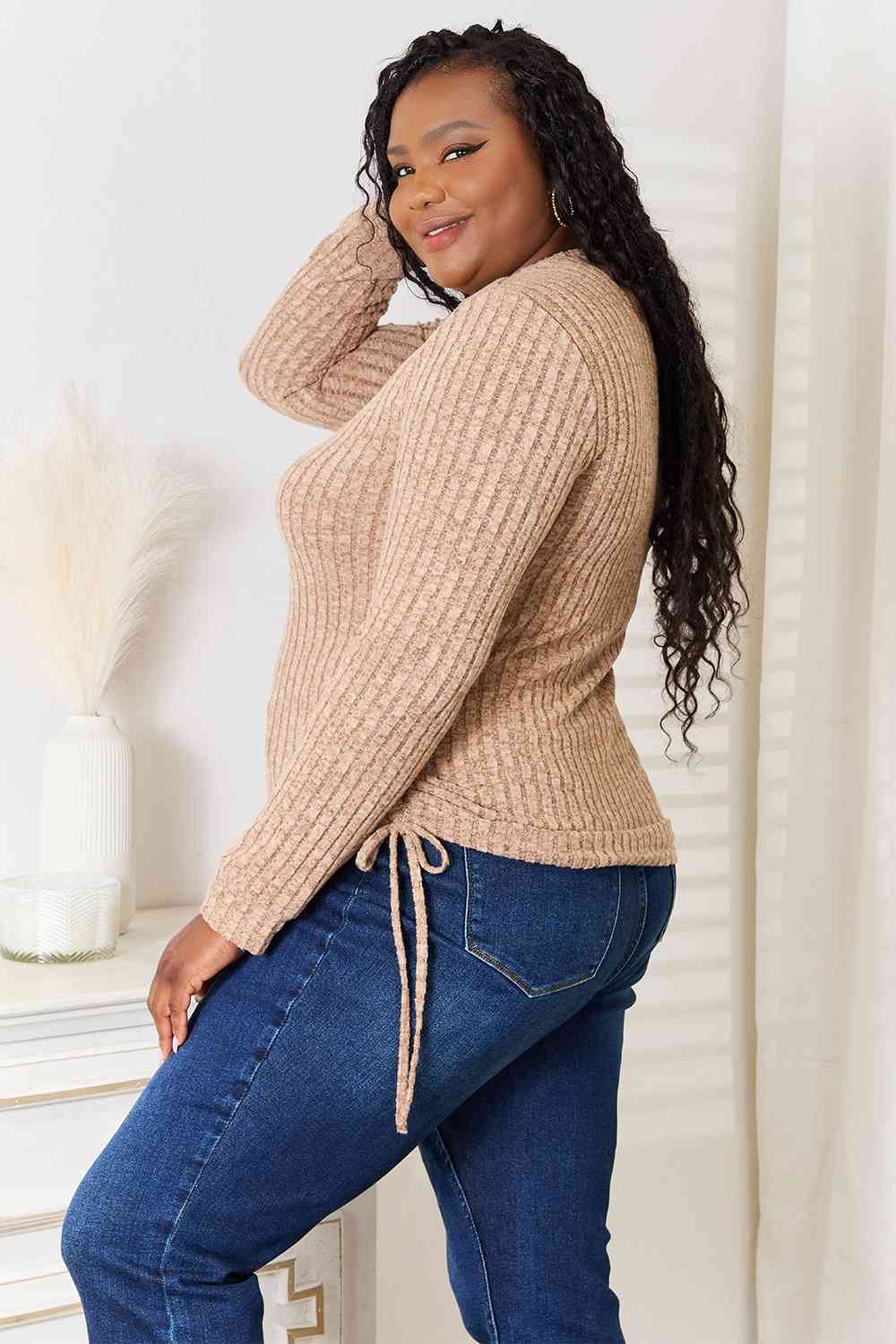 Double Take Drawstring Ribbed Long Sleeve T-Shirt - Tigbuls Variety Fashion