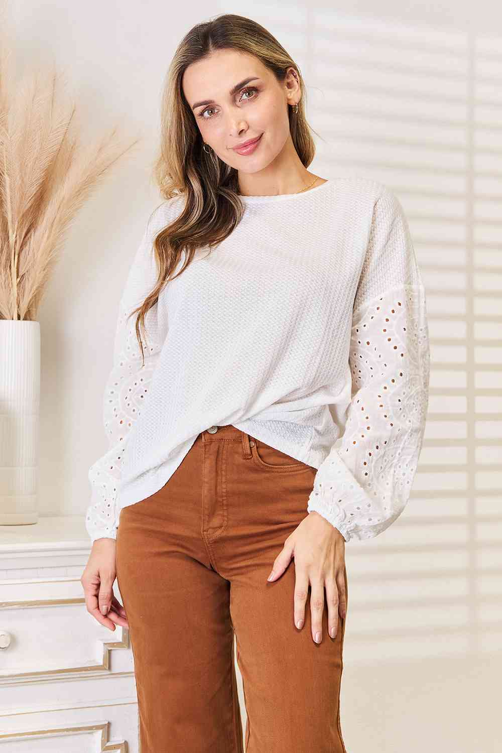 Double Take Eyelet Dropped Shoulder Round Neck Blouse - Tigbuls Variety Fashion
