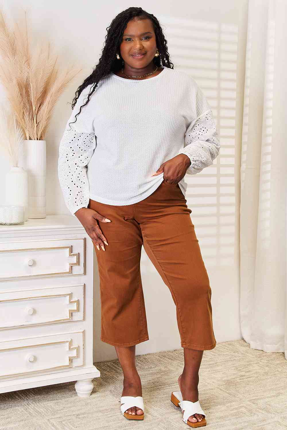 Double Take Eyelet Dropped Shoulder Round Neck Blouse - Tigbuls Variety Fashion