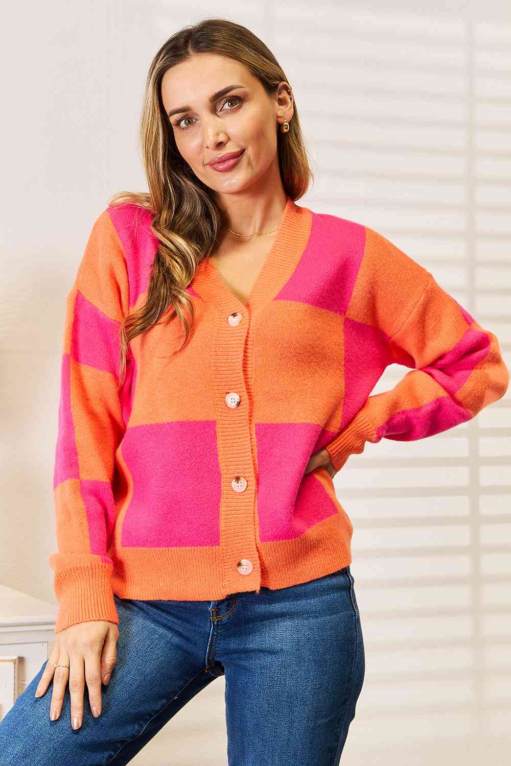 Checkered V-Neck Dropped Shoulder Cardigan - Tigbuls Variety Fashion