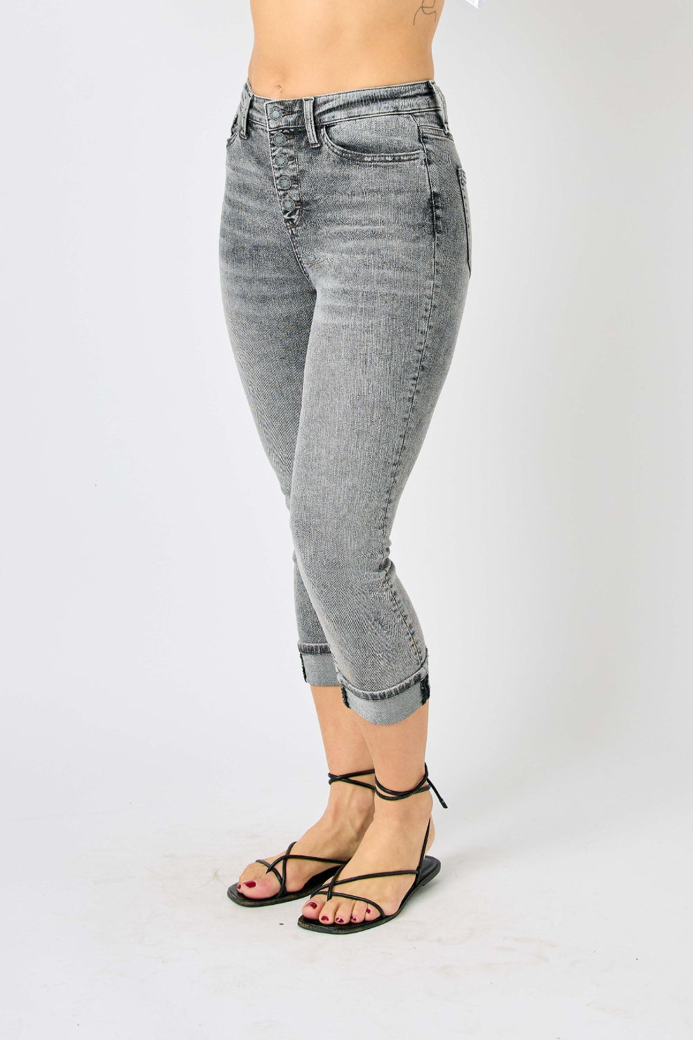 Judy Blue Full Run Size Button Fly High Waist Cuffed Capris - Tigbul's Variety Fashion Shop