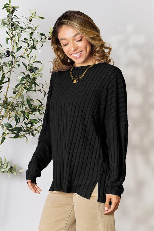 Ribbed Round Neck Long Sleeve T-Shirt - Tigbuls Variety Fashion