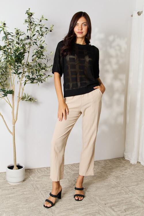 Double Take Ribbed Trim Round Neck Knit Top - Tigbuls Variety Fashion