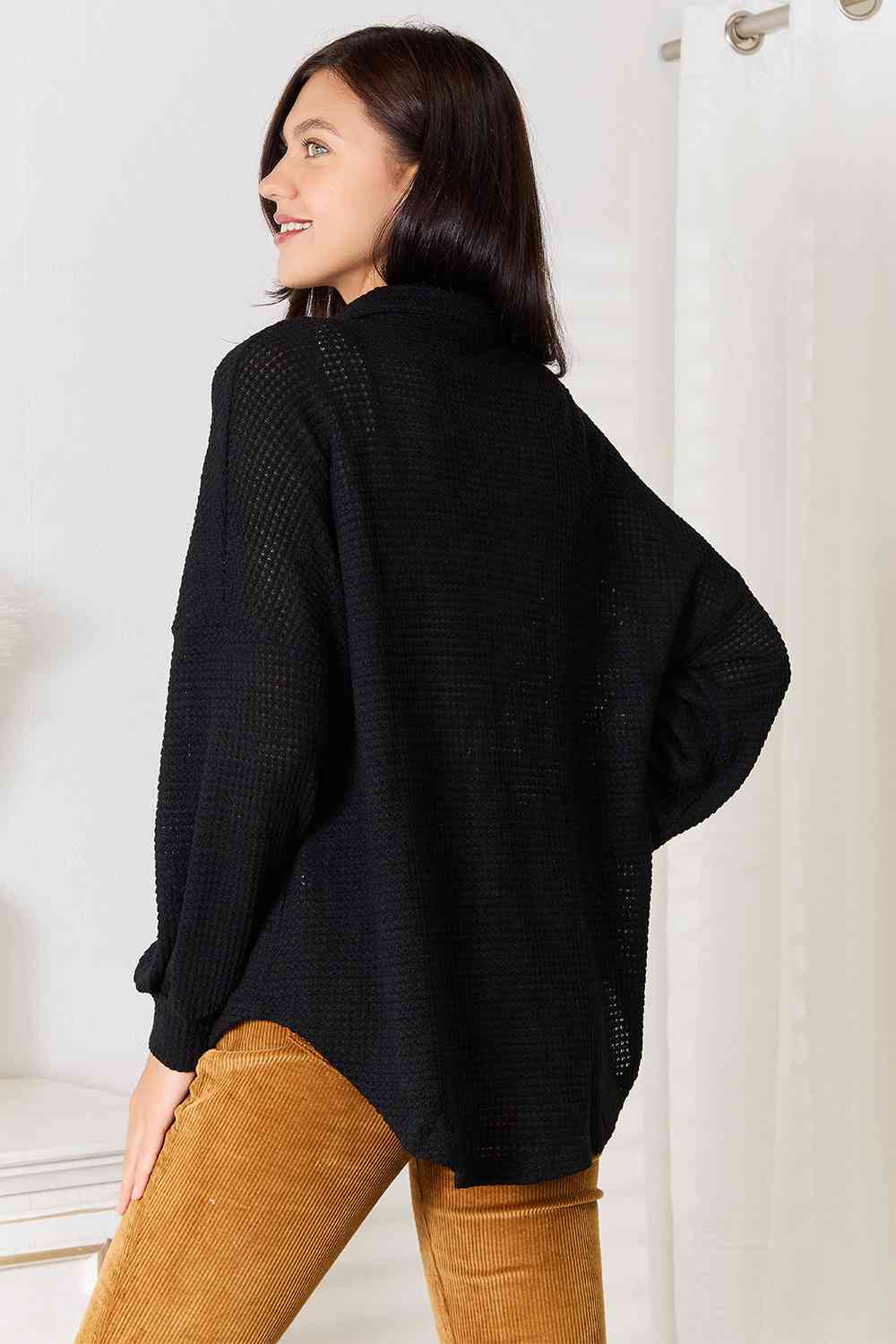Double Take Waffle-Knit Collared Neck Dropped Shoulder Shirt - Tigbuls Variety Fashion