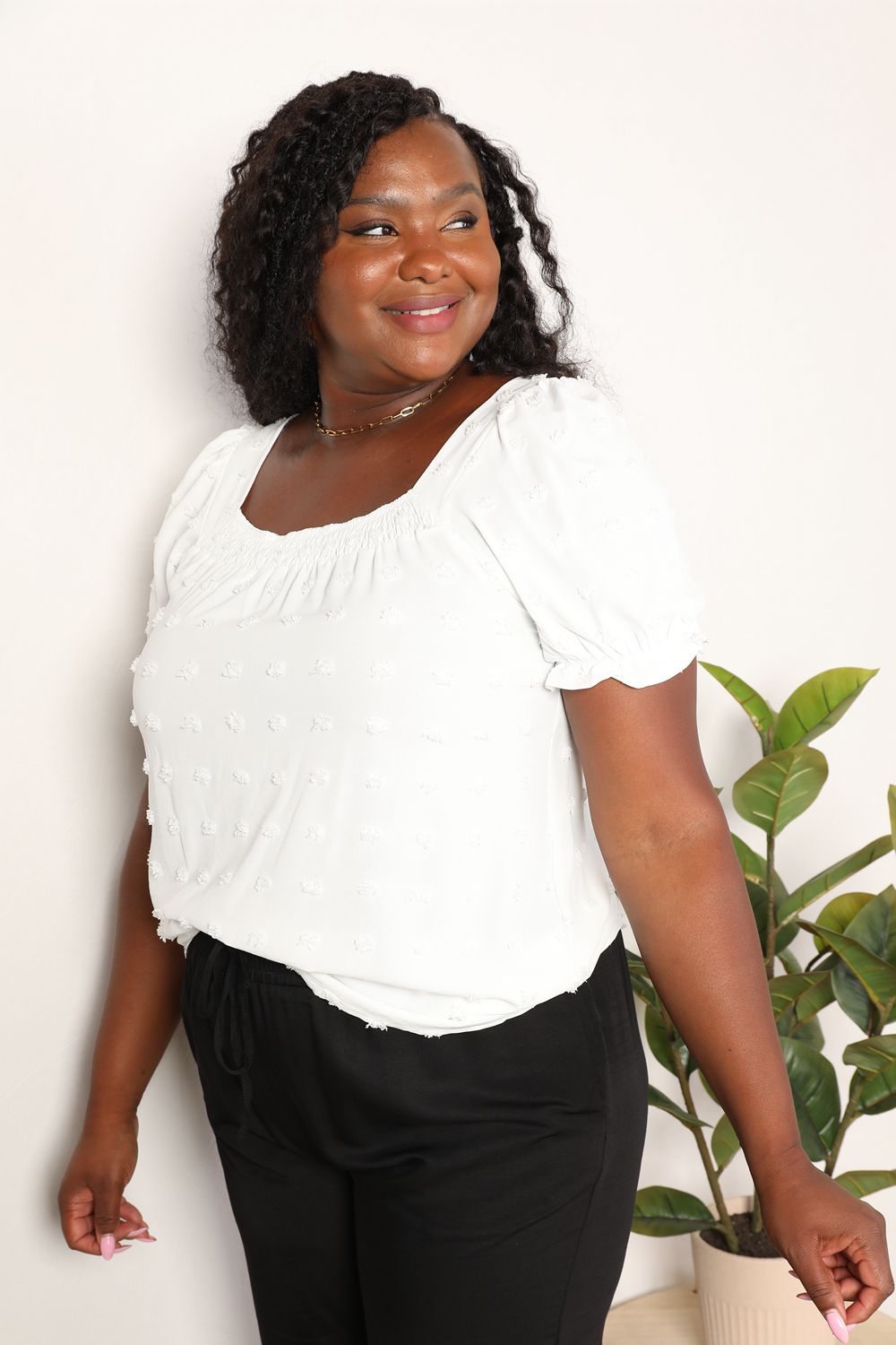 Double Take Swiss Dot Puff Sleeve Square Neck Blouse - Tigbuls Fashion