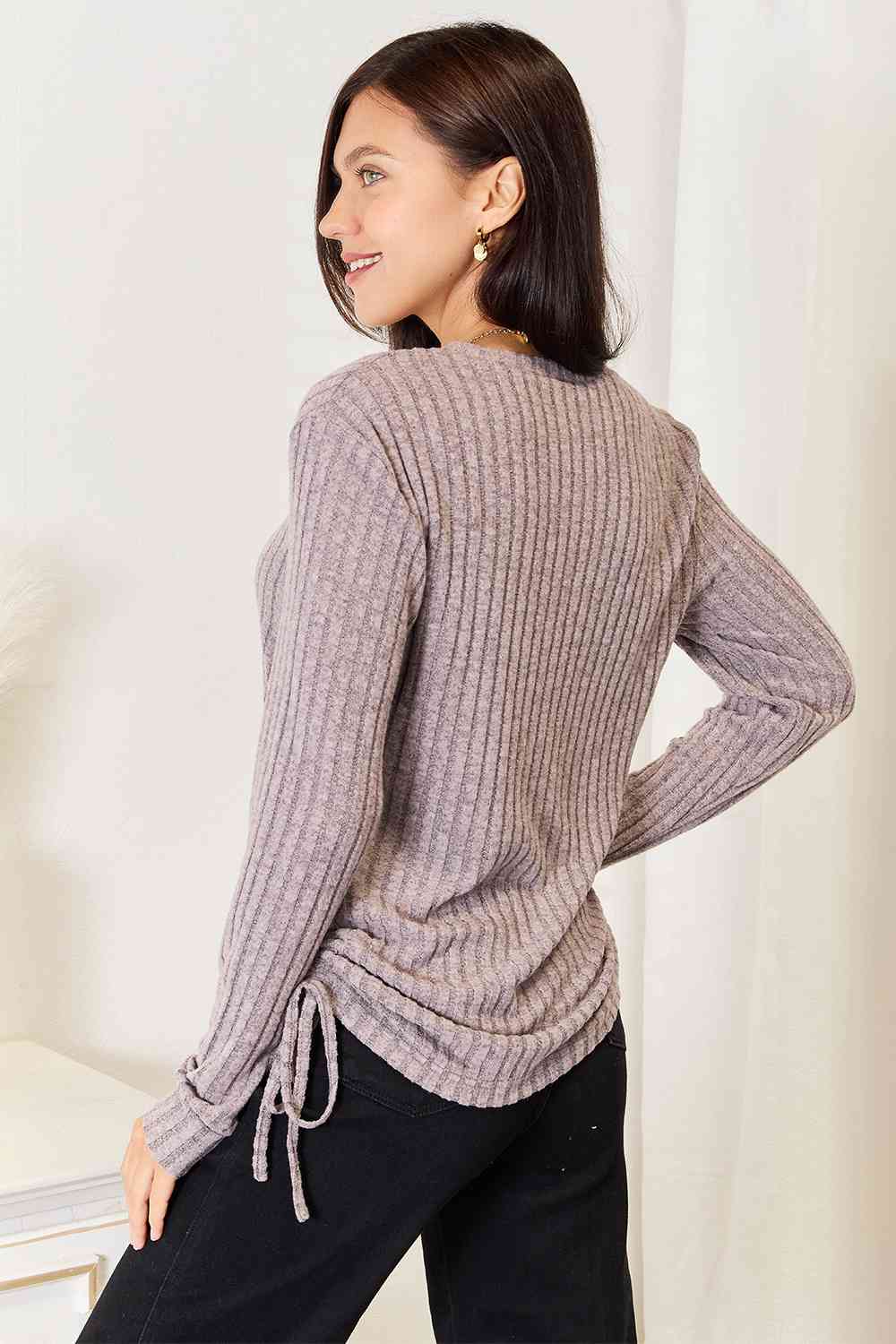 Double Take Drawstring Ribbed Long Sleeve T-Shirt - Tigbuls Variety Fashion