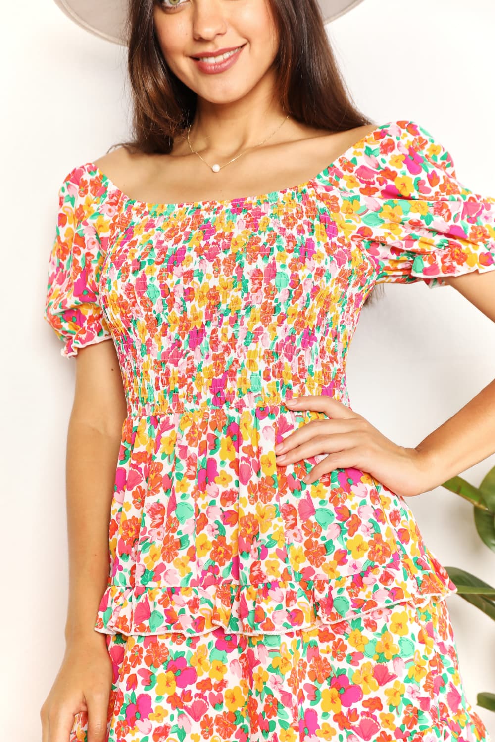 Smocked Sweetheart Neck Flounce Sleeve Mini Dress - Tigbul's Variety Fashion Shop