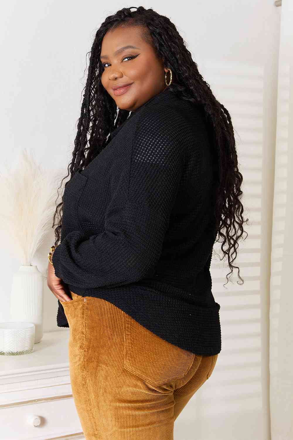 Double Take Waffle-Knit Collared Neck Dropped Shoulder Shirt - Tigbuls Variety Fashion
