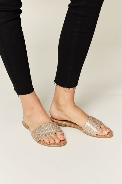 Rose Gold Rhinestone Open Toe Flat Sandals - Tigbul's Variety Fashion Shop