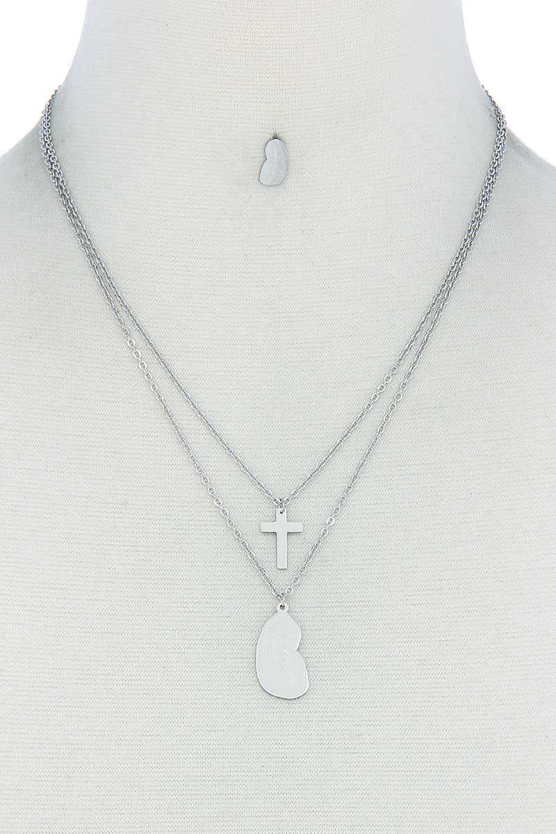 Stylish Double Layer Cross And Mary Necklace And Earring Set - Tigbuls Variety Fashion