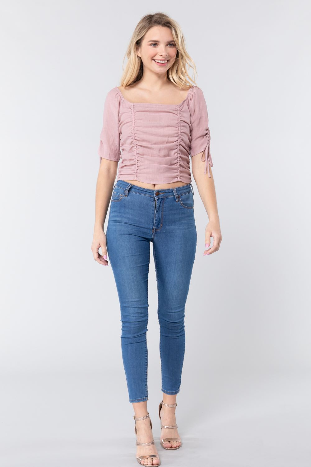 Elbow Slv Smocked Ruched Woven Top - Tigbuls Variety Fashion
