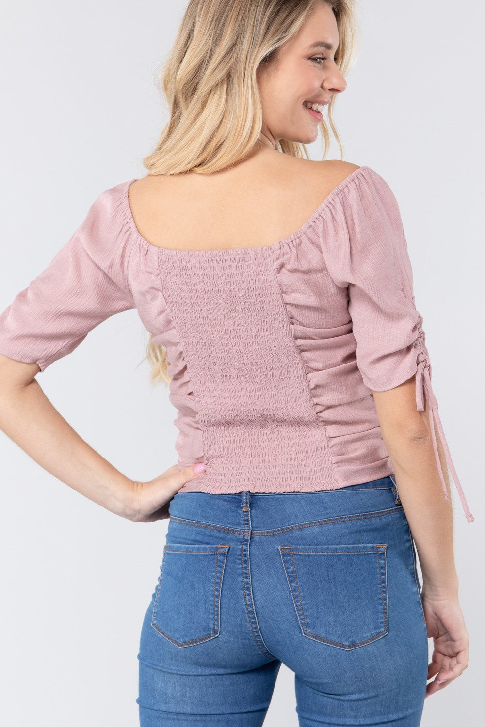 Elbow Slv Smocked Ruched Woven Top - Tigbuls Variety Fashion