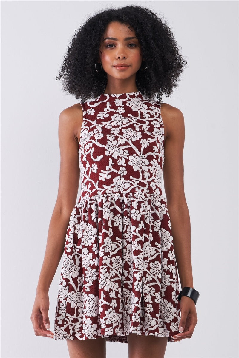 Burgundy & White Floral Crew Neck Sleeveless Fitted Mini Dress - Tigbuls Variety Fashion