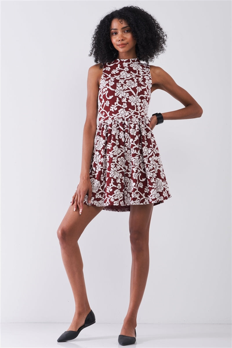 Burgundy & White Floral Crew Neck Sleeveless Fitted Mini Dress - Tigbuls Variety Fashion