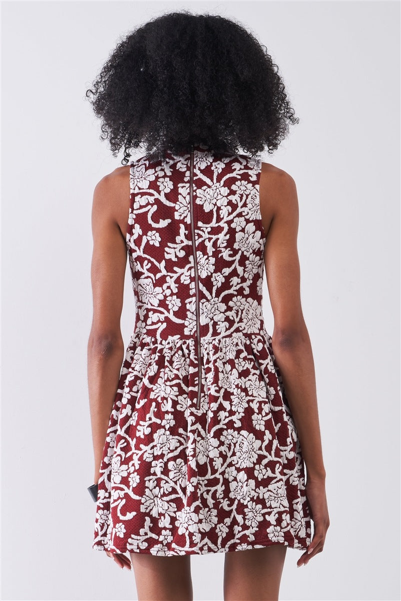 Burgundy & White Floral Crew Neck Sleeveless Fitted Mini Dress - Tigbuls Variety Fashion