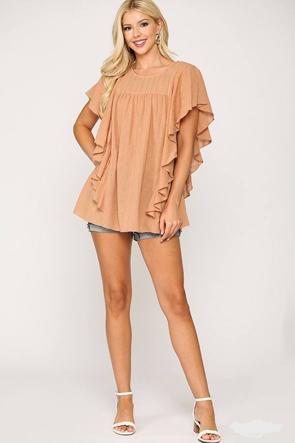 Textured Ruffle Sleeve Tunic Top with Back Keyhole - Tigbul's Variety Fashion Shop