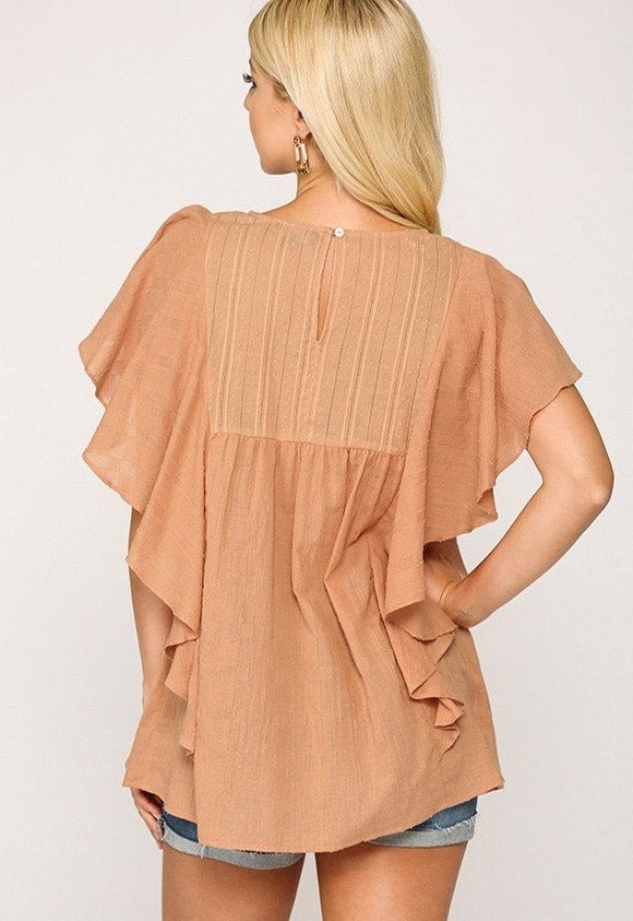 Textured Ruffle Sleeve Tunic Top with Back Keyhole - Tigbul's Variety Fashion Shop