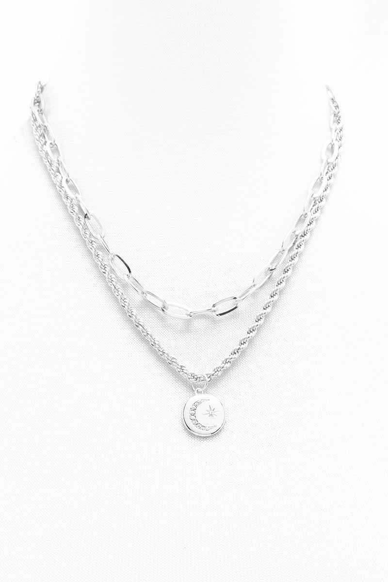 2 Layered Metal Chain Round Pendant Necklace - Tigbuls Variety Fashion