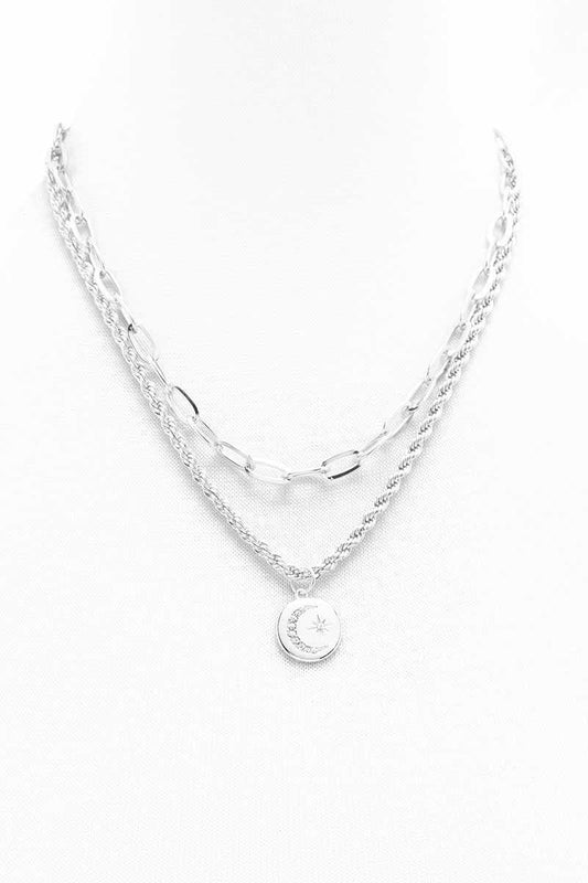 2 Layered Metal Chain Round Pendant Necklace - Tigbul's Variety Fashion Shop