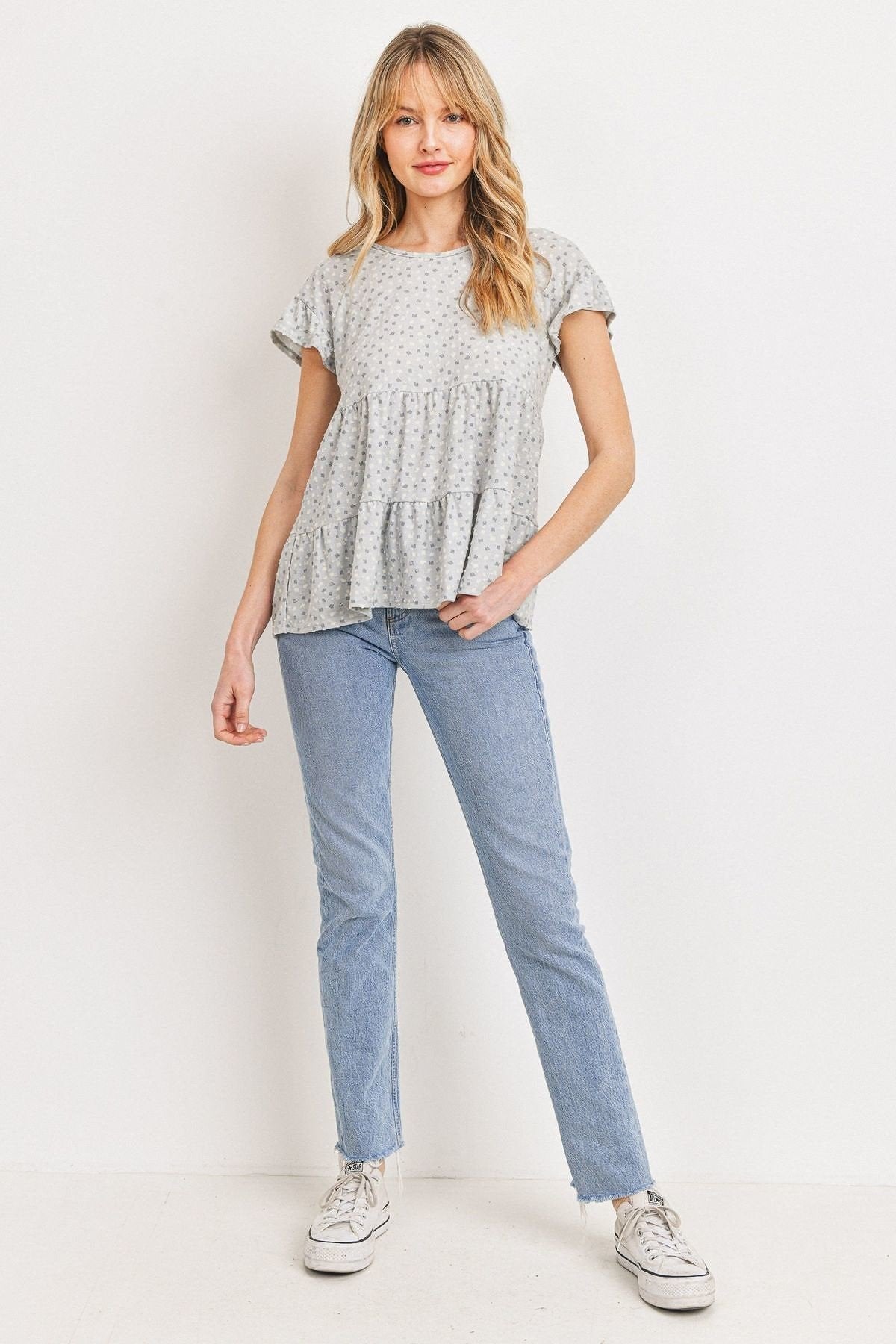Dot Textured Print Jersey Ruffled Short Sleeve Top - Tigbuls Variety Fashion