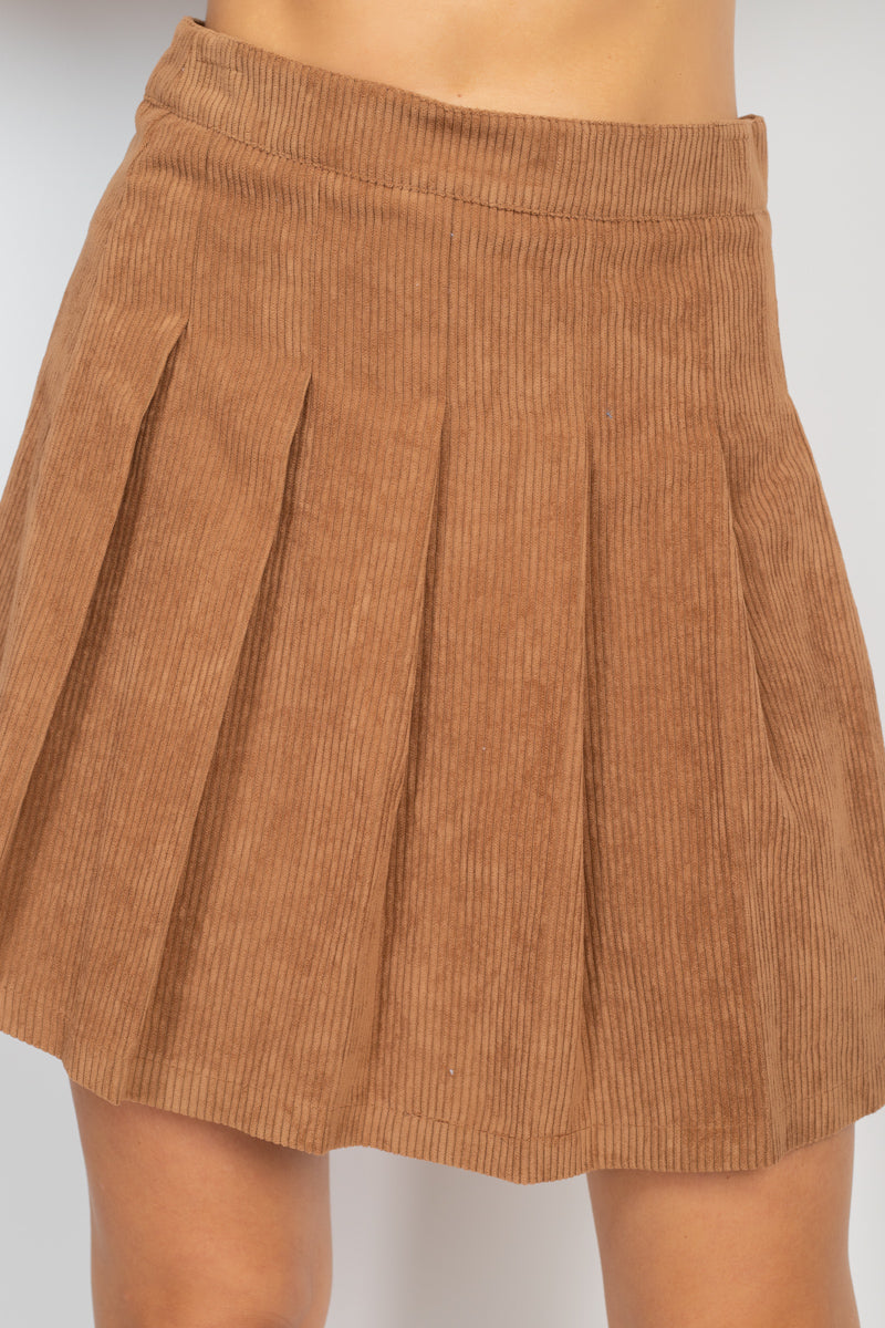Brown Size Medium A-line Corduroy Pleated Mini Skirt - Tigbul's Variety Fashion Shop