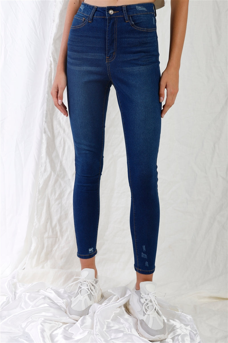 Dark Blue High-waisted With Rips Skinny Jeans - Tigbul's Variety Fashion Shop