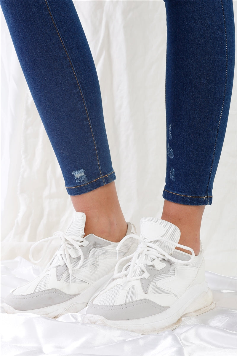 Dark Blue High-waisted With Rips Skinny Jeans - Tigbul's Variety Fashion Shop
