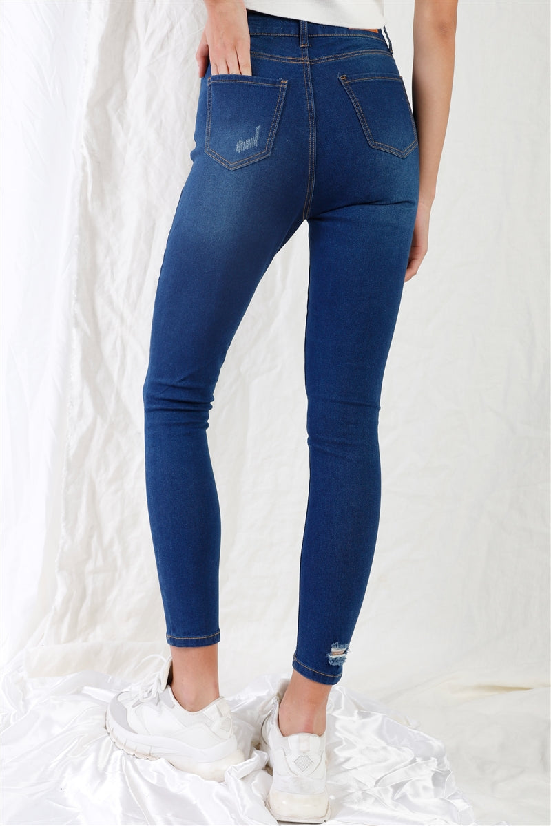 Dark Blue High-waisted With Rips Skinny Jeans - Tigbul's Variety Fashion Shop
