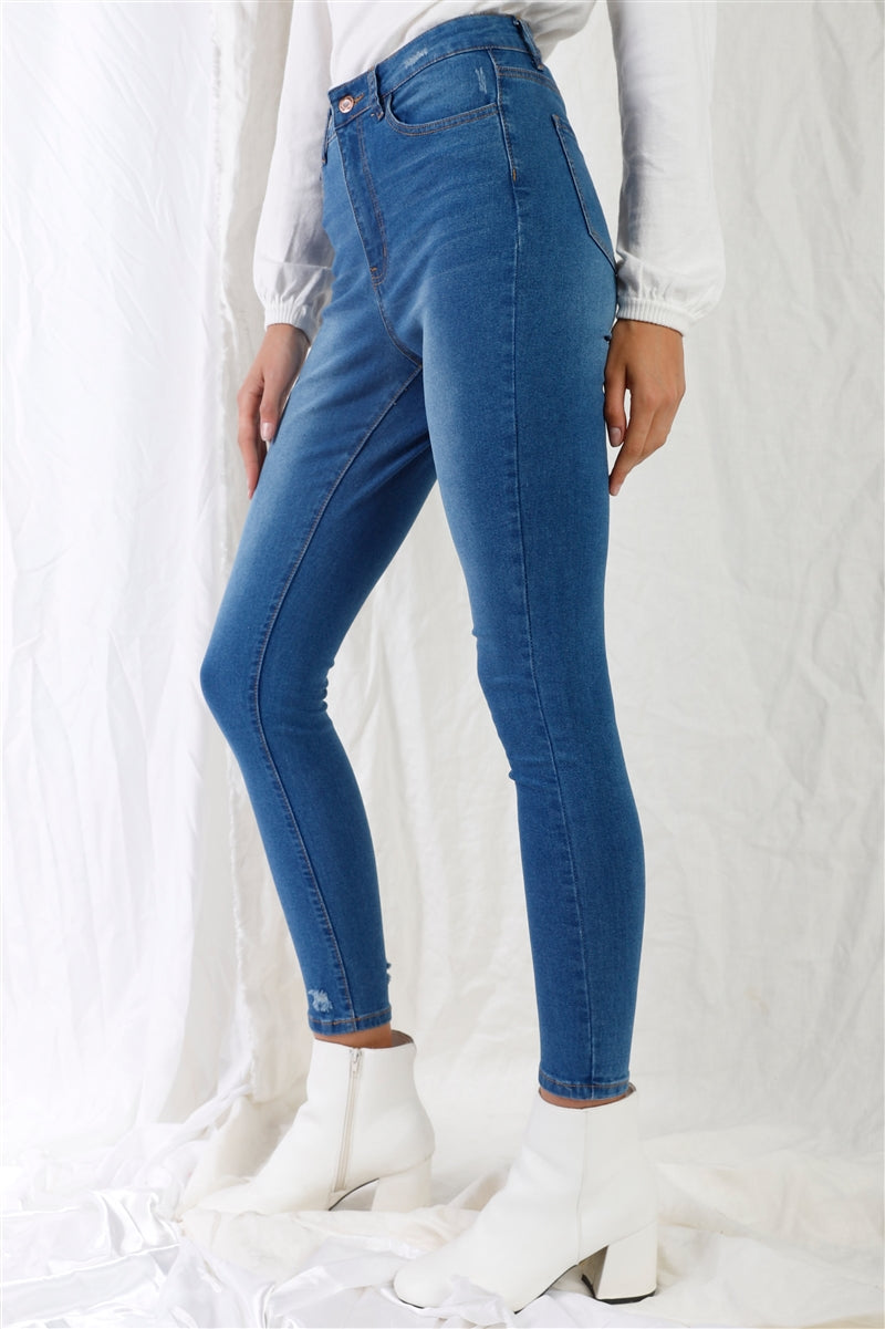Mid Blue High-waisted With Rips Skinny Denim Jeans - Tigbul's Variety Fashion Shop